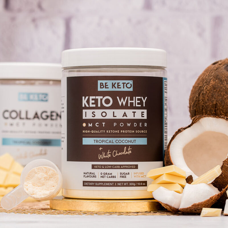 BeKeto Keto Whey Tropical Coconut White Chocolate 300g Composition Keto Whey Isolate + MCT - Coconut & White Chocolate 300g