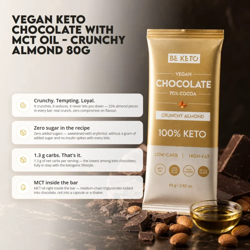 Vegan Keto Chocolate + MCT Oil – Crunchy Almond 80g