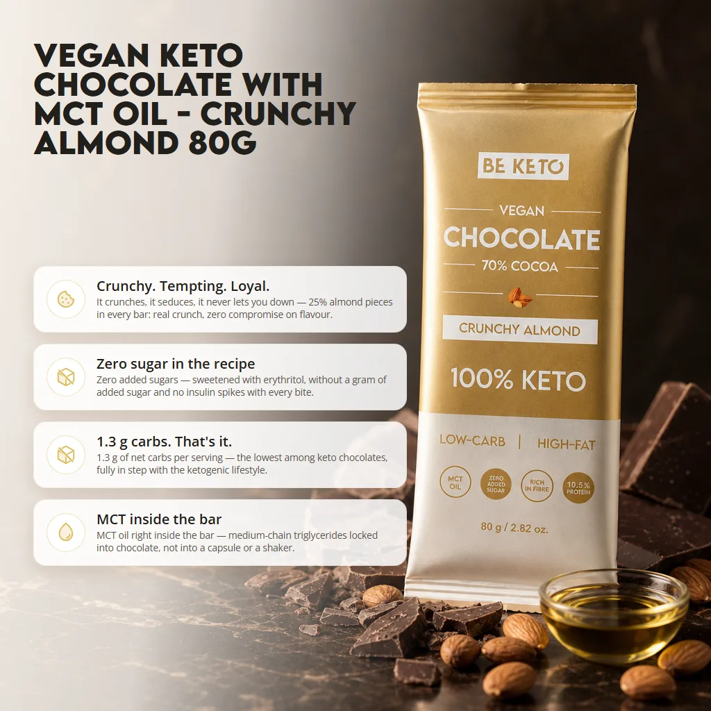 Vegan Keto Chocolate + MCT Oil – Crunchy Almond 80g