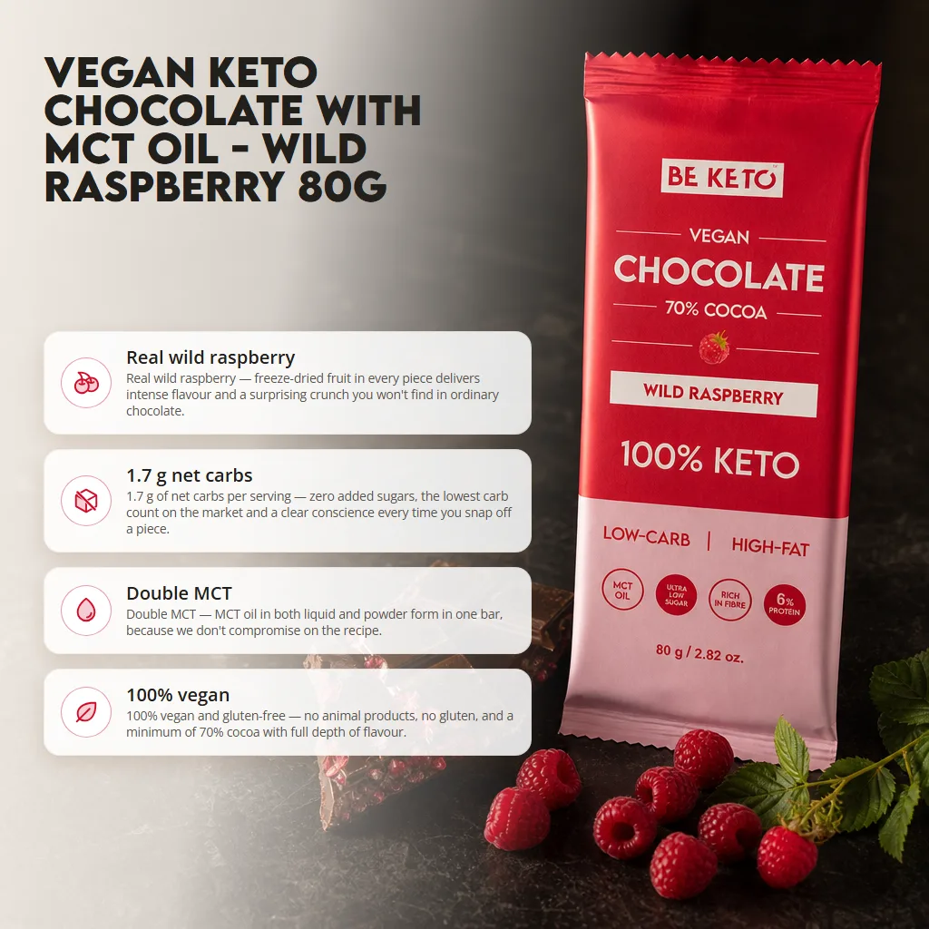 Vegan Keto Chocolate + MCT Oil – Wild Raspberry 80g