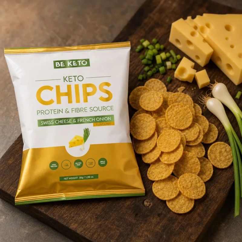 Keto Chips – Swiss Cheese & French Onion 30g – Lifestyle 1 Keto Chips – Swiss Cheese & French Onion 30g