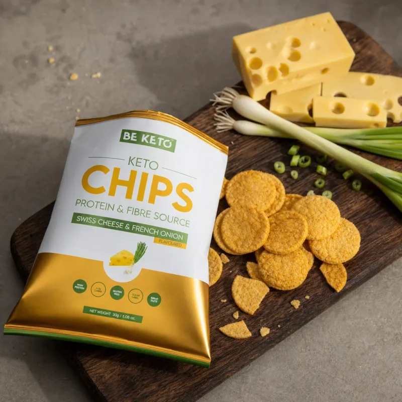 Keto Chips – Swiss Cheese & French Onion 30g – Lifestyle 2 Keto Chips – Swiss Cheese & French Onion 30g