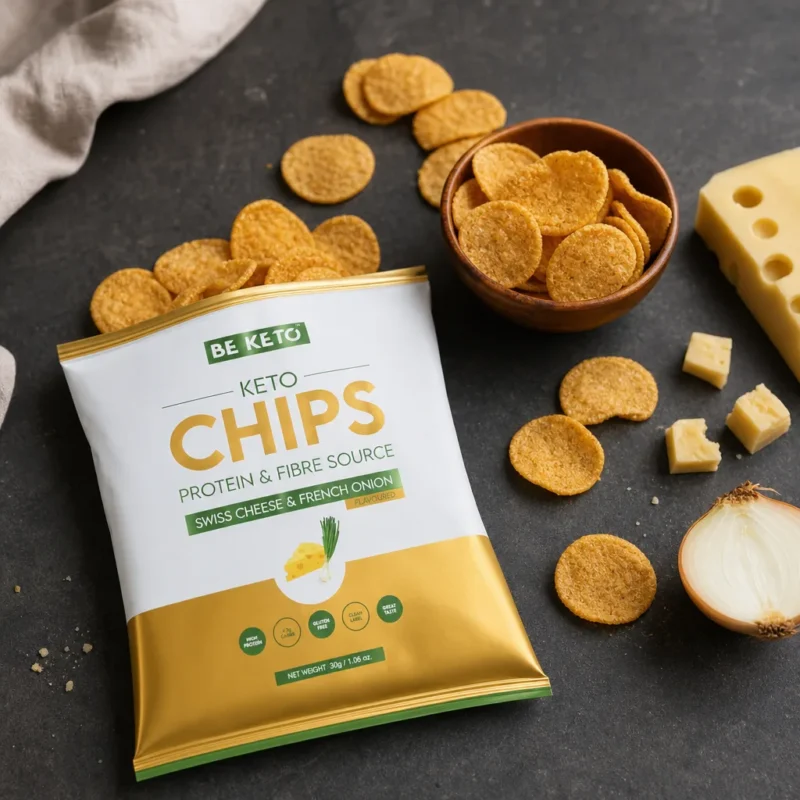 Keto Chips – Swiss Cheese & French Onion 30g – Lifestyle 3 Keto Chips – Swiss Cheese & French Onion 30g