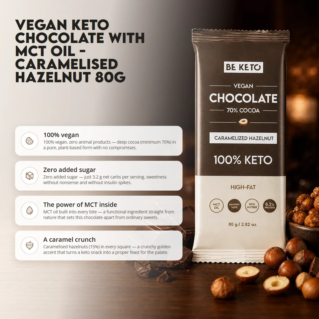 Vegan Keto Chocolate + MCT Oil – Caramelized Hazelnut 80g