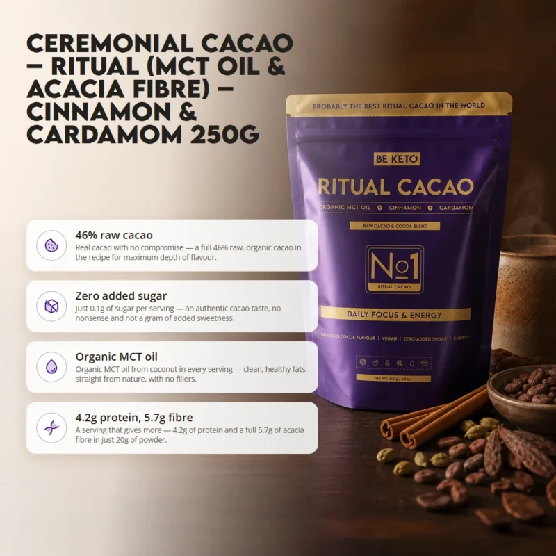 Ceremonial Cacao – Ritual (MCT Oil & Acacia Fibre) – Cinnamon & Cardamom 250g
