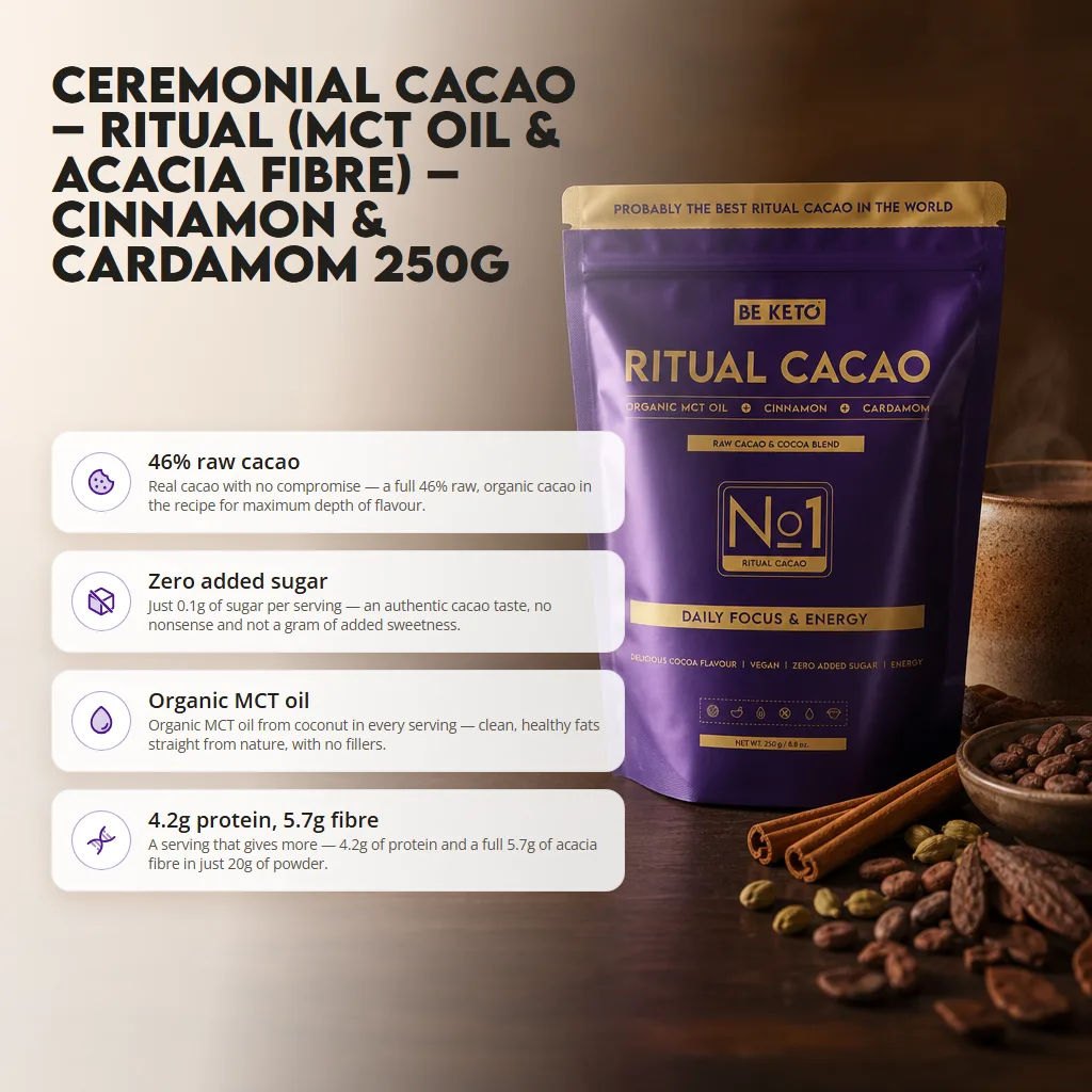 Ceremonial Cacao – Ritual (MCT Oil & Acacia Fibre) – Cinnamon & Cardamom 250g