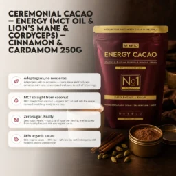 Ceremonial Cacao – Energy (MCT Oil & Lion’s Mane & Cordyceps) – Cinnamon & Cardamom 250g