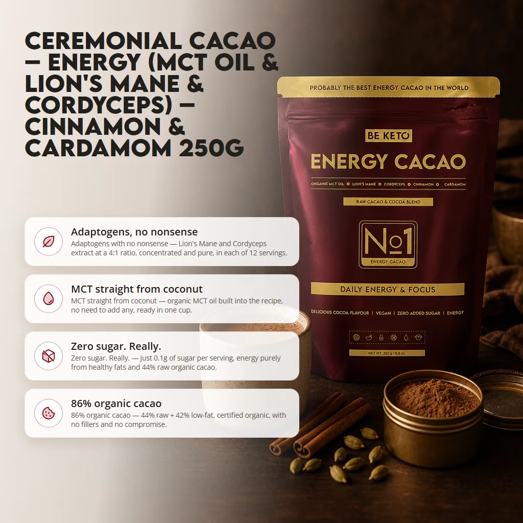 Ceremonial Cacao – Energy (MCT Oil & Lion’s Mane & Cordyceps) – Cinnamon & Cardamom 250g