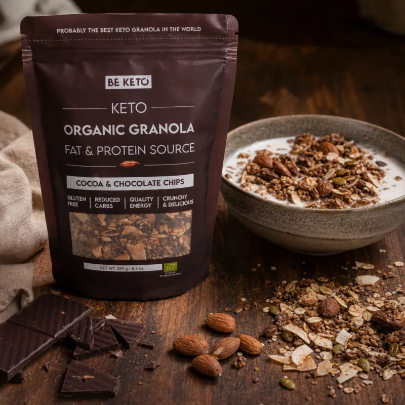 Keto Organic Granola – Cocoa & Chocolate Chips 250g – Lifestyle 1 Keto Organic Granola – Cocoa & Chocolate Chips 250g
