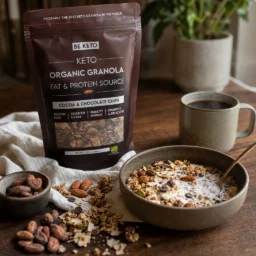 Keto Organic Granola – Cocoa & Chocolate Chips 250g – Lifestyle 2 Keto Organic Granola – Cocoa & Chocolate Chips 250g