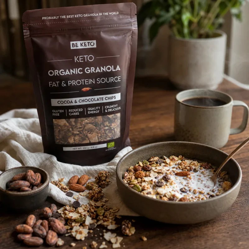 Keto Organic Granola – Cocoa & Chocolate Chips 250g – Lifestyle 2 Keto Organic Granola – Cocoa & Chocolate Chips 250g