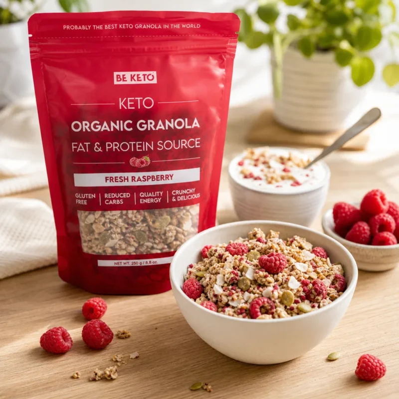 Keto Organic Granola – Fresh Raspberry 250g – Lifestyle 1 Keto Organic Granola – Fresh Raspberry 250g