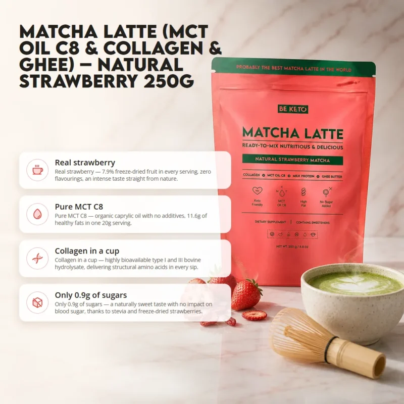 Keto Matcha Latte (MCT C8 Oil & Collagen & Ghee) – Natural Strawberry 250g – Benefit Keto Matcha Latte (MCT C8 Oil & Collagen & Ghee) – Natural Strawberry 250g