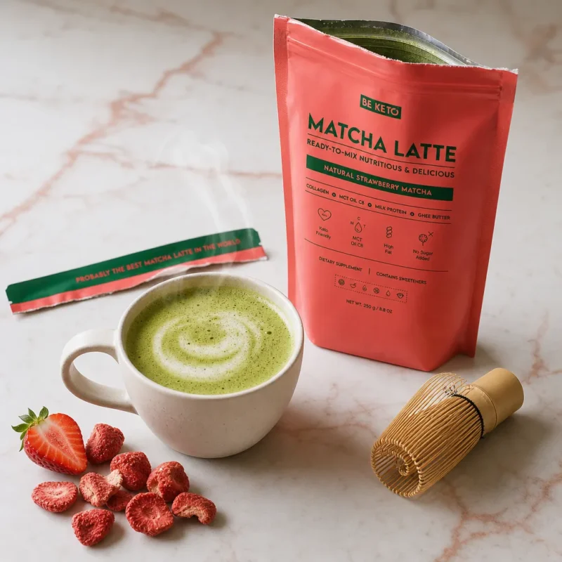 Keto Matcha Latte (MCT C8 Oil & Collagen & Ghee) – Natural Strawberry 250g – Lifestyle 2 Keto Matcha Latte (MCT C8 Oil & Collagen & Ghee) – Natural Strawberry 250g